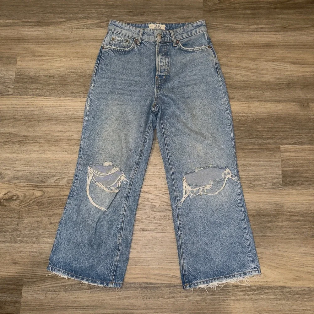 Free People Distressed Light Blue Cropped Wide Leg Jeans